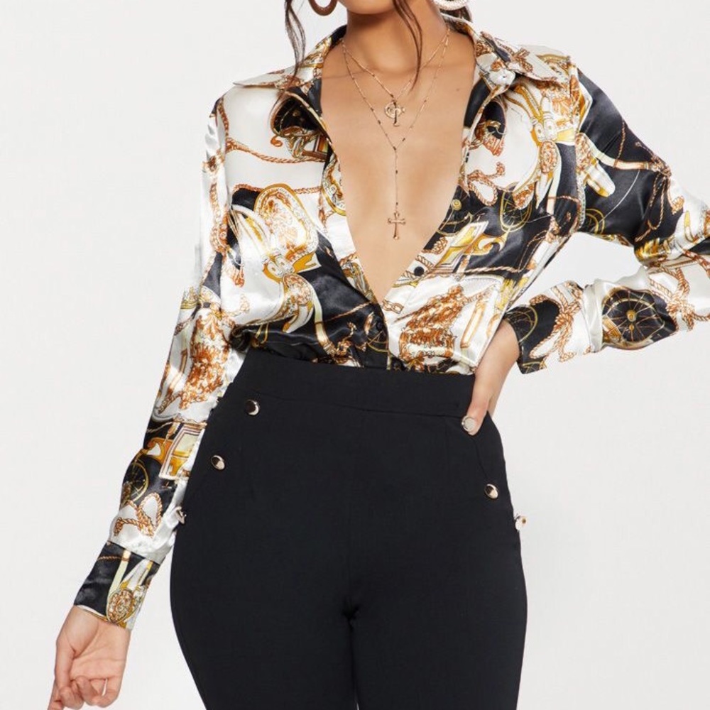 PLT Black Satin Rope Print Oversized Shirt